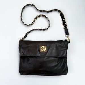 Tory Burch Dena Fold Over Convertible Gold Chain Black Leather Shoulder Bag
